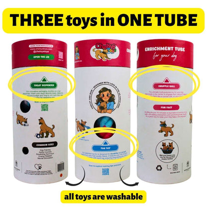 3-in-1 Enrichment Tube for Dogs - Tug Toy, Treat Dispenser & Snuffle Ball